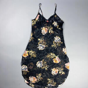 Vintage Black Floral Midi Nightgown Slip Dress